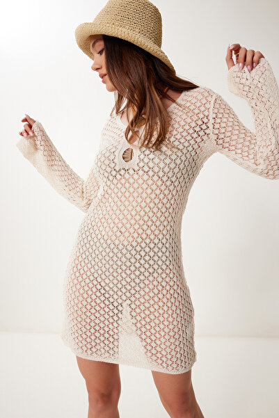 Happiness İstanbul Dámské krémové prolamované průhledné letní úpletové šaty US00986