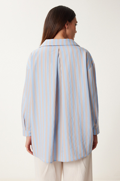 Happiness İstanbul Dámská modrá pruhovaná viskózová košile US00966