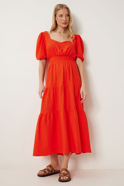 Happiness İstanbul Women's Dark Orange Flounced Midi Linen Dress Fk00013