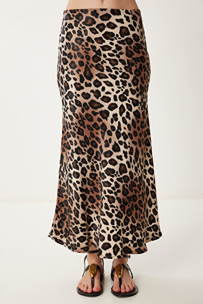 Happiness İstanbul Women's Brown Beige Patterned Satin Midi Skirt Us00995