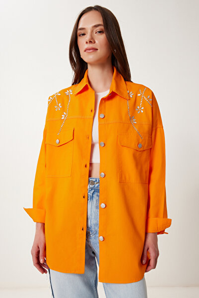 Happiness İstanbul Női narancssárga kő túlméretes Gabardine ingkabát SA00040