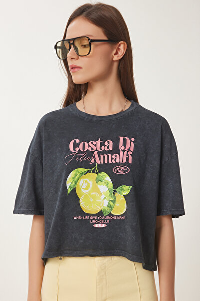 Happiness İstanbul Dámské antracitové potištěné prané pletené tričko AN00237