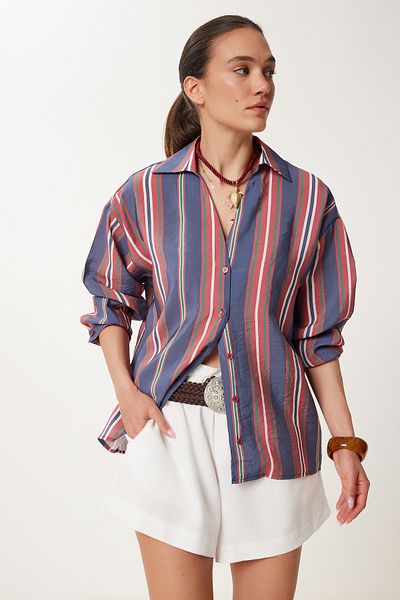 Happiness İstanbul Women's Navy Blue Claret Red Striped Flowy Crinkle Shirt Dp00246