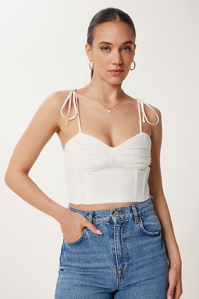 Happiness İstanbul Ecru Damen Baumwolle Crop Bustier mit gerafften Details NS00427