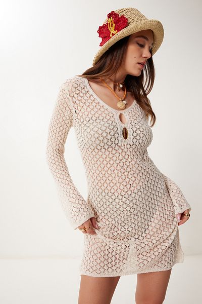 Happiness İstanbul Cremefarbenes, durchsichtiges Sommer-Strickkleid für Damen US00986