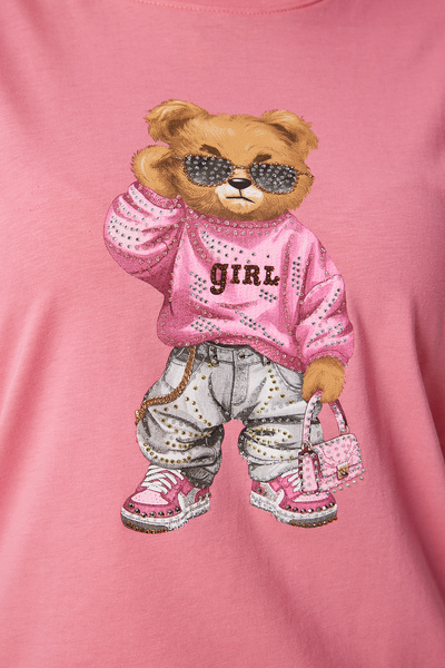 Happiness İstanbul Γυναικείο πλεκτό μπλουζάκι με ροζ πέτρα με λεπτομέρεια αρκουδάκι με στάμπα BW00001