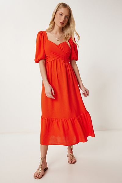 Happiness İstanbul Women's Dark Orange Binding Detail Summer Linen Dress Fk00021