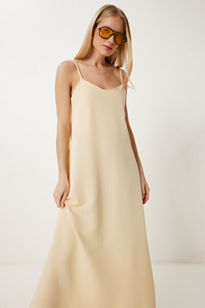 Happiness İstanbul Kadın Sarı Keten Karışımlı Askılı Yazlık Elbise HF00474