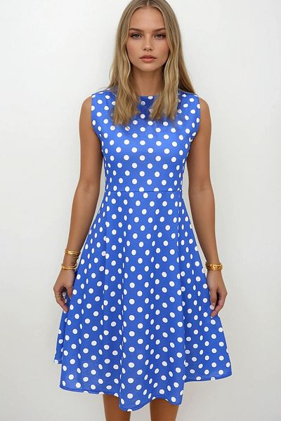 Trend Alaçatı Stili Women's Saks Crew Neck Double Pocket Pleated Polka Dot Midi Length Dress Alc-X14172