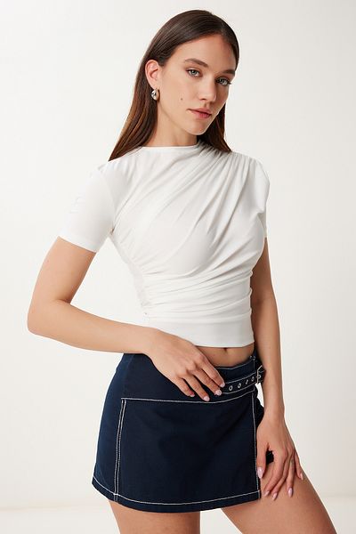 Happiness İstanbul Ecru geraffte Sandy-Strickbluse für Damen FF00172