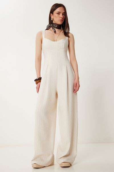 Happiness İstanbul Cremefarbener gestreifter Sommer-Leinen-Overall für Damen NS00420