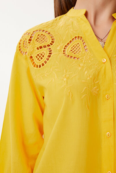 Happiness İstanbul Γυναικείο υφαντό πουκάμισο με κίτρινο χτένι AY00035