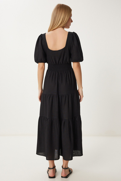 Happiness İstanbul Dámské černé volánové midi lněné šaty FK00013