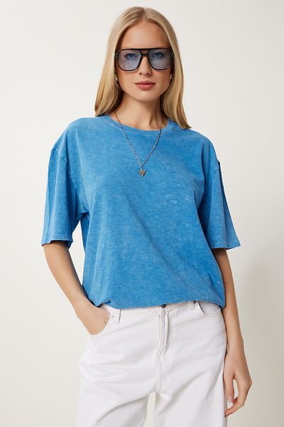 Happiness İstanbul Blaues, gewaschenes Basic-Strick-T-Shirt für Damen AN00258