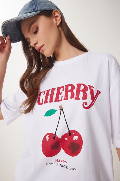 Happiness İstanbul Women's White Cherry Printed Cotton Knitted T-Shirt Zv00301