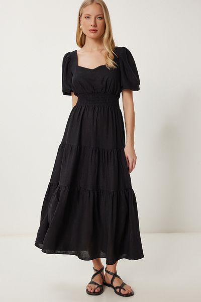 Happiness İstanbul Rochie de damă neagră cu volan midi din in FK00013