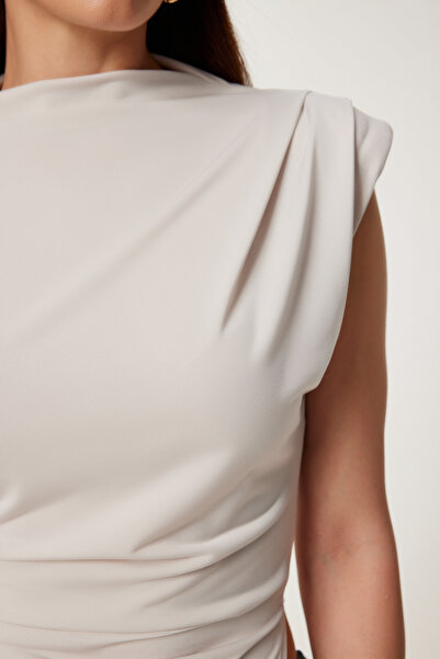 Happiness İstanbul Dámská asymetrická písková halenka s kamennou vycpávkou FF00171