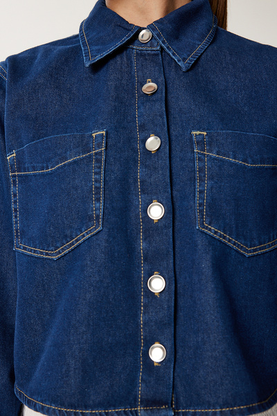Happiness İstanbul Kadın Koyu Mavi Cep Detaylı Denim Ceket SA00038