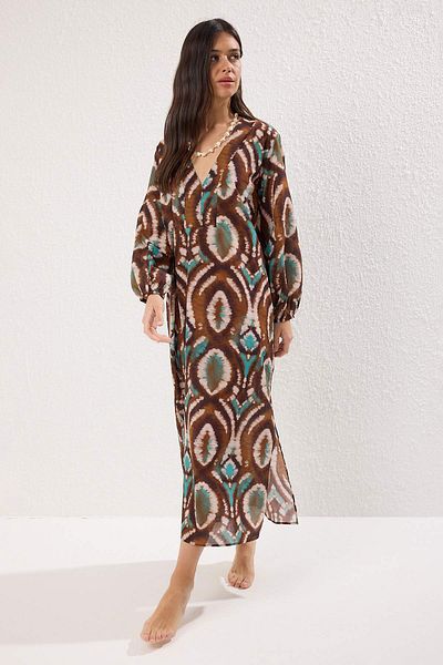 Trendyol Collection Φόρεμα παραλίας με έθνικ μοτίβο Maxi Woven 100% βαμβακερό μπαλόνι μανίκι TBESS25EL00019