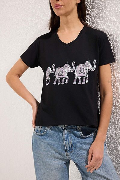 Edit by Trendyol Black Sequins 100% Cotton Regular T-Shirt - Tedss25Ts00000