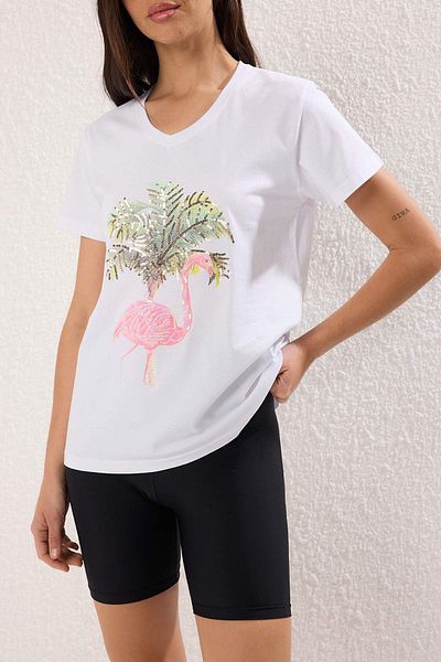 Edit by Trendyol White Sequins 100% Cotton T-Shirt - Tedss25Ts00000