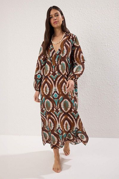 Trendyol Collection Φόρεμα παραλίας με έθνικ μοτίβο Maxi Woven 100% βαμβακερό μπαλόνι μανίκι TBESS25EL00019