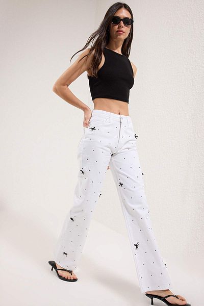 Trendyol Collection White Widen Leg Jeans Bow Detail Stone Regular Waist