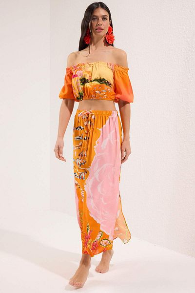 Trendyol Collection Landscape Pattern Woven Balloon Sleeve Strapless Beach Blouse Skirt Suit Tbess25Au00080