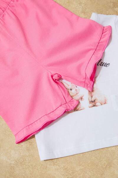 TRENDYOLKIDS Ecru Baby Girl 100% Cotton Rabbit Printed Short Sleeve Knitted Bottom-Top Set Tkdss25Au00158