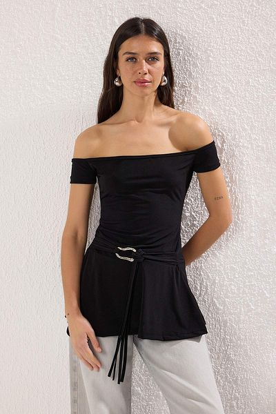 Trendyol Collection Black Carmen Collar Belted Long Knitted Blouse Twoss25Bz00562