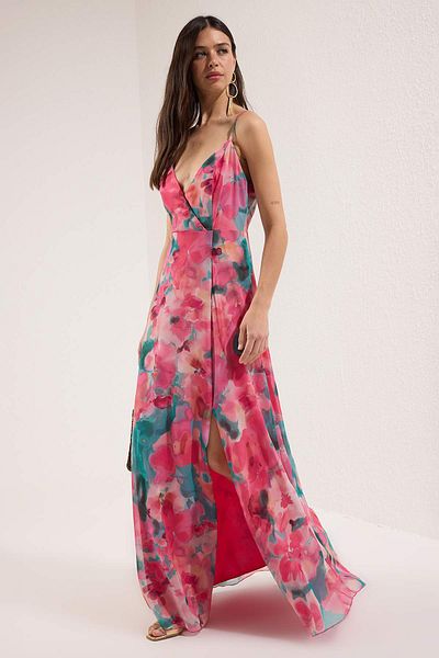 Trendyol Collection Pink Floral Slit Detailed Evening Dress