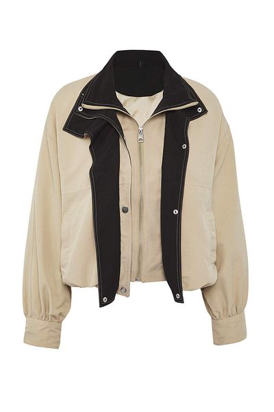 Trendyol Collection Beige Collar Contrast Color Detail Slim Jacket Coat Twoaw26Mo00118