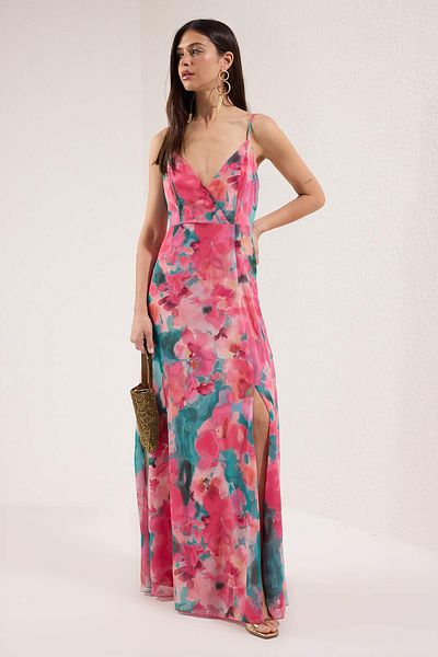 Trendyol Collection Pink Floral Slit Detailed Evening Dress