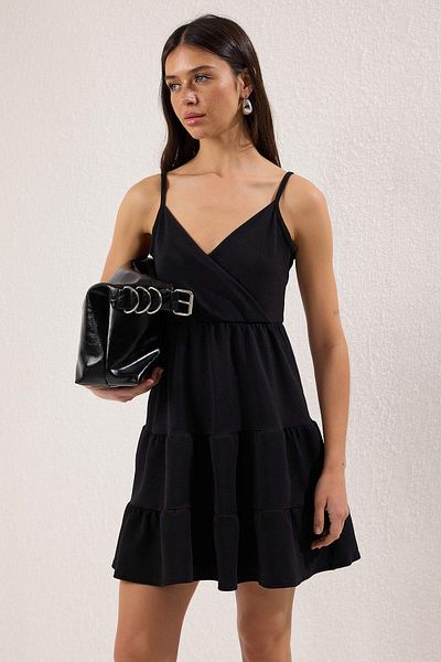 Trendyol Collection Black Straps Double Breasted Closure Skater/Waist Opening Godeli Knitted Dress Twoss25El00831