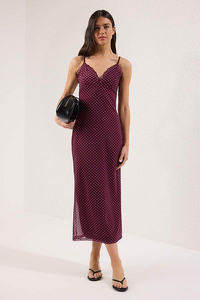 Trendyol Collection Multicolored Tulle Lace Detailed Maxi Fitted/Fitted Tulle Knitted Dress Twoss25El00108