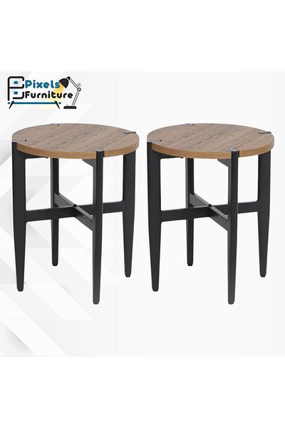 PixelsFurniture Set of 2 Pixel Furniture Round Side Coffee Tables with Wood Top and Metal Ends