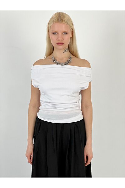 Miss Poem Women's Off Shoulder Shirred White T-Shirt