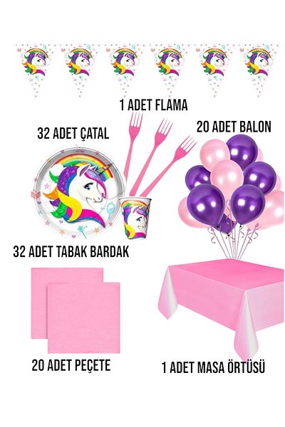 Evabrite Unicorn 32 Person Set Birthday Party Supplies
