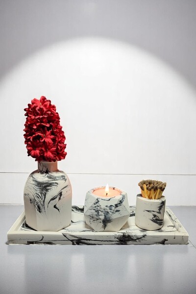 BESAGU HOME MERMER DESENLİ DİKDÖRTGEN TEPSİLİ DEKORATİF VAZO SETİ-TEALIGHTLIK-KİBRİTLİK-VAZO (MUM DAHİLDİR)