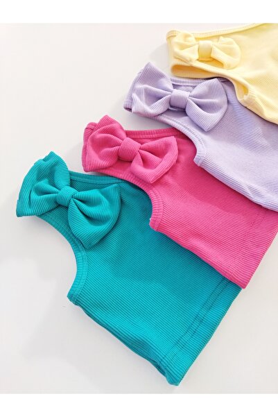 HEREN BUTİK 4lü Yetişkin ve Kız Çocuk Tek Omuz Fiyonk Detaylı Yazlık Crop Blu...
