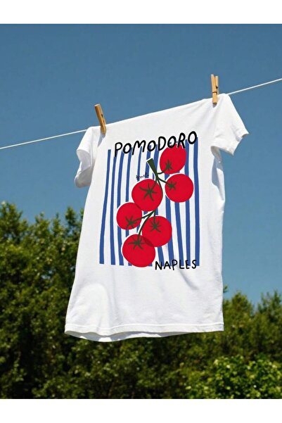 PALPİTO تي شيرت نسائي أبيض كبير الحجم مطبوع عليه Pomodoro