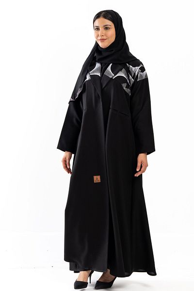 Hasnaa Abaya Black abaya with white embroidery inserts on the chest