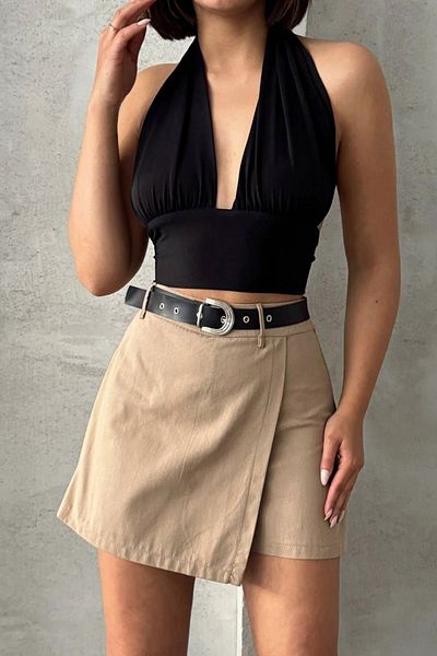bacc Beige Front Covered Gabardine Belted Shorts Skirt Bchn-25250507