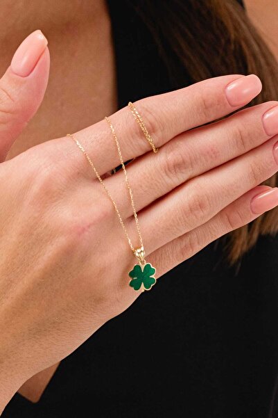 FERMAS KUYUMCULUK 14 Ayar Yeşil Mineli Yonca Altın Kolye