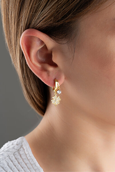 Silvano Jewelry 925 Ayar Gümüş Çift Taşlı Yonca Küpe