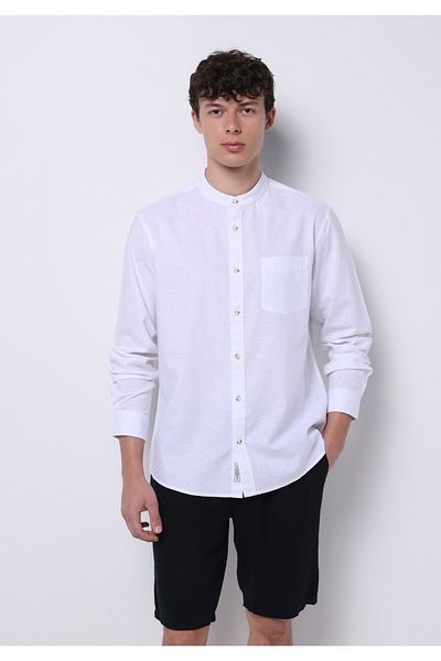 Colin's Regular Fit Judge Collar Plain Men's Linen Blend White Long Sleeve Shirt