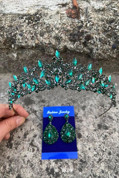 Hobigram Clara Green Bridal Henna Crown Special Occasion Accessory Women's Crown and Drop Shuttle Earrings Set