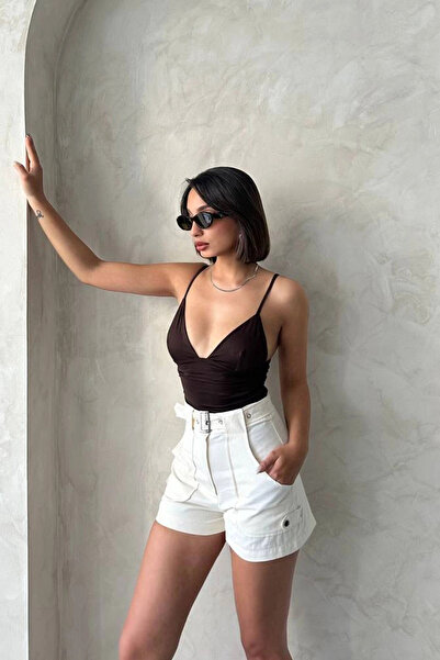 bacc Kadın Krem Kendinden Kemerli Cepli Gabardin Yazlık Şort BCHN-2525289