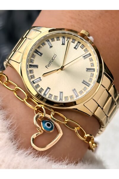 Ferrucci Sarı Gold Renk ,Çelik Kordon, Su Geçirmez Garantili, Kadın Kol Saati+Nazar Boncuklu Bileklik