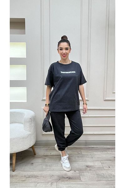 DUBU BUTİK Thatssofetch Anthracite T-shirt Sweatpants Jogger - Λευκό εμπριμέ Σετ αθλητικών παντελονιών Oversize